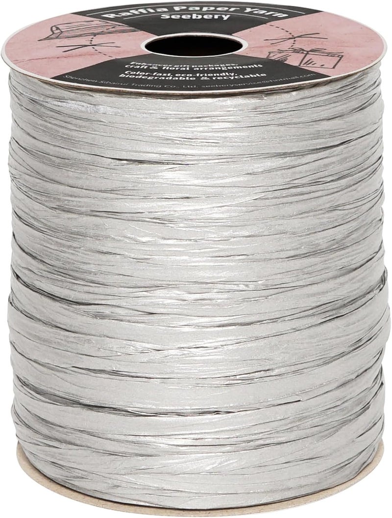 SEEBERY Raffia Ribbon for Crafts - Raffia Yarn Grass Twine for Gift Wrapping, DIY Decoration & More | Matte String Paper Rope for Crochet - 1/4'' Wide, 100 Yards, Silver - Image 1